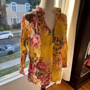 💸 3/$15 💸  Snobbish yellow pink floral Y2K linen summer top long sleeve